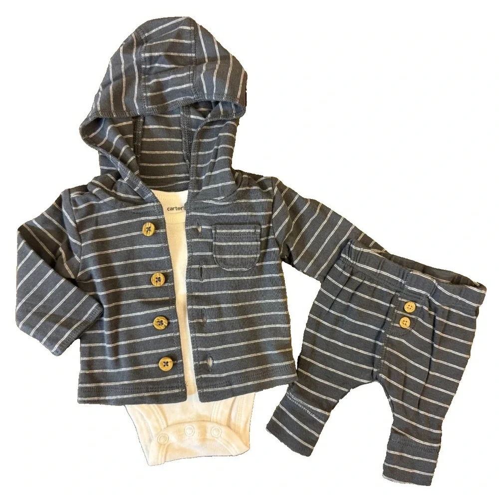 Carters Preemie Baby Outfit Boy 3 Piece Set Bodysuit Pants Jacket Button Striped